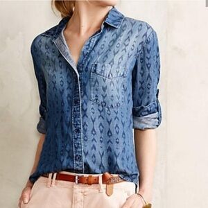 Cloth & Stone Chambray Button Down Shirt Ikat Print Casual Relaxed Tencel Size M
